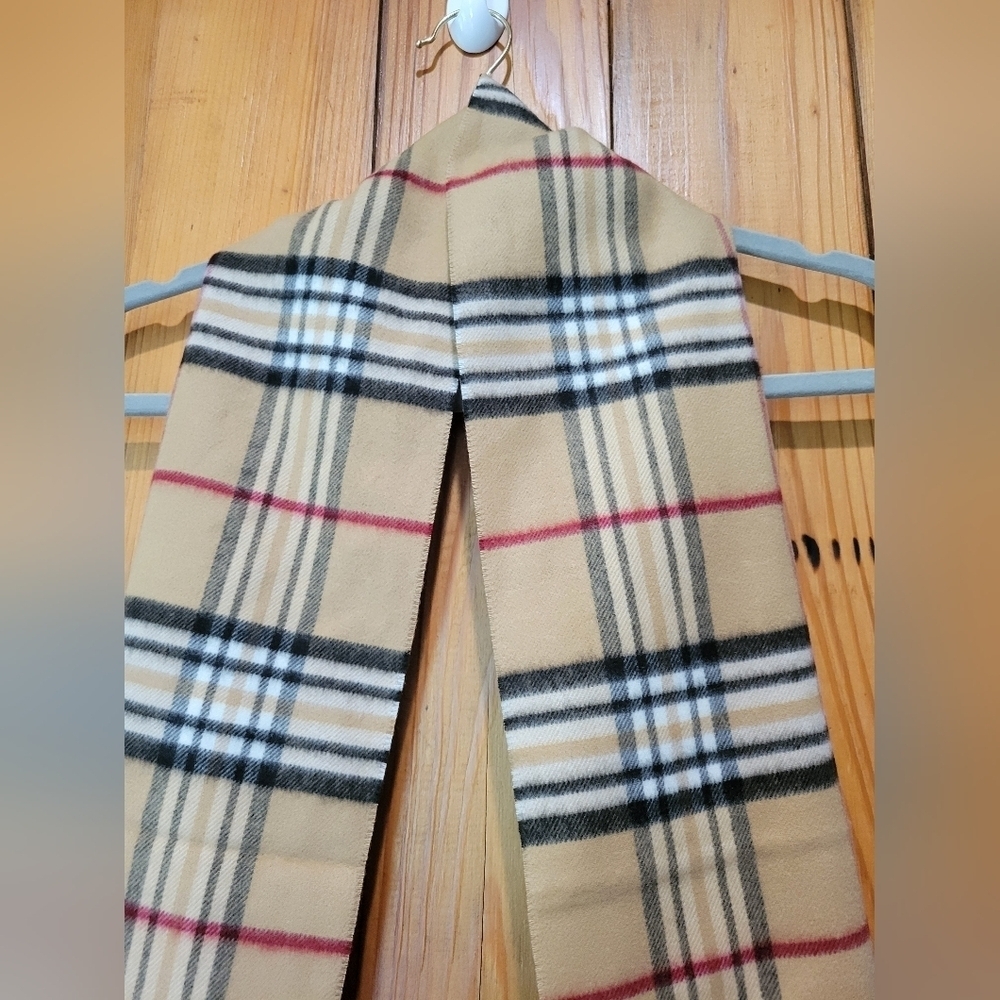 Cashming Plaid Beige Scarf with Red and Black Accents - Picture 8 of 8